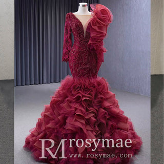 Mermaid Pageant Dress Long Sleeve Ruffled Evening Prom Dresses - Rosymae