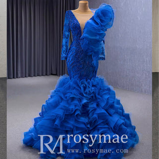 Mermaid Pageant Dress Long Sleeve Ruffled Evening Prom Dresses - Rosymae