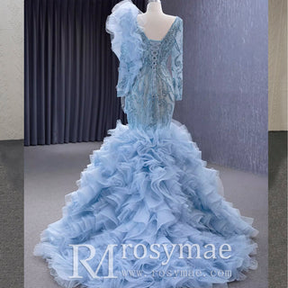 Mermaid Pageant Dress Long Sleeve Ruffled Evening Prom Dresses - Rosymae