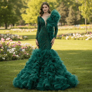 Mermaid Pageant Dress Long Sleeve Ruffled Evening Prom Dresses - Rosymae