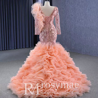 Mermaid Pageant Dress Long Sleeve Ruffled Evening Prom Dresses - Rosymae