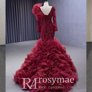 Mermaid Pageant Dress Long Sleeve Ruffled Evening Prom Dresses - Rosymae