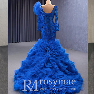 Mermaid Pageant Dress Long Sleeve Ruffled Evening Prom Dresses - Rosymae