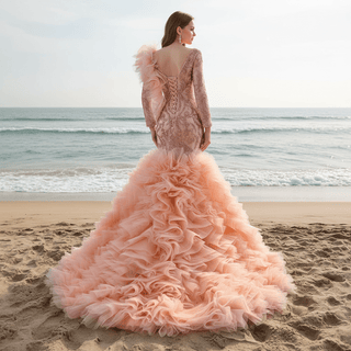 Mermaid Pageant Dress Long Sleeve Ruffled Evening Prom Dresses - Rosymae