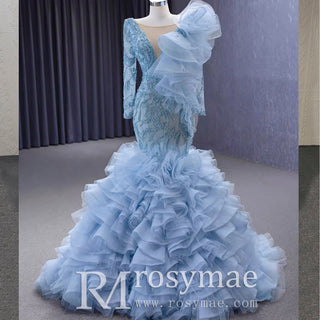 Mermaid Pageant Dress Long Sleeve Ruffled Evening Prom Dresses - Rosymae