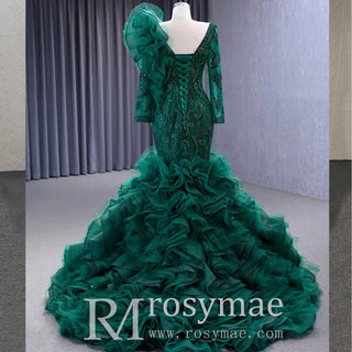 Mermaid Pageant Dress Long Sleeve Ruffled Evening Prom Dresses - Rosymae