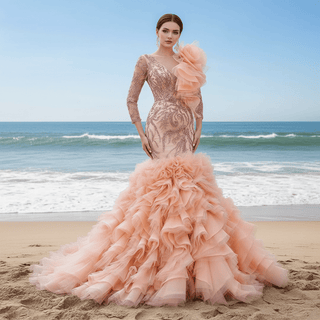 Mermaid Pageant Dress Long Sleeve Ruffled Evening Prom Dresses - Rosymae