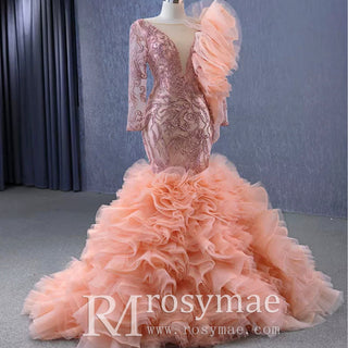 Mermaid Pageant Dress Long Sleeve Ruffled Evening Prom Dresses - Rosymae