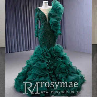Mermaid Pageant Dress Long Sleeve Ruffled Evening Prom Dresses - Rosymae