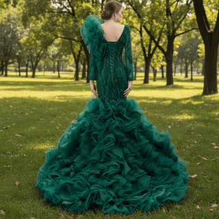 Mermaid Pageant Dress Long Sleeve Ruffled Evening Prom Dresses - Rosymae