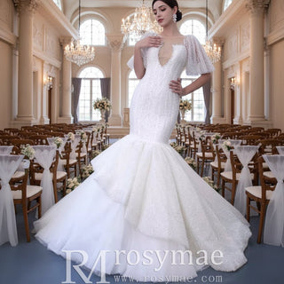 Mermaid Pearl Wedding Dress Puffed Half Sleeve Bridal Dress - Rosymae