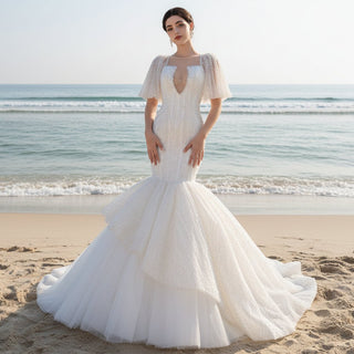 Mermaid Pearl Wedding Dress Puffed Half Sleeve Bridal Dress - Rosymae