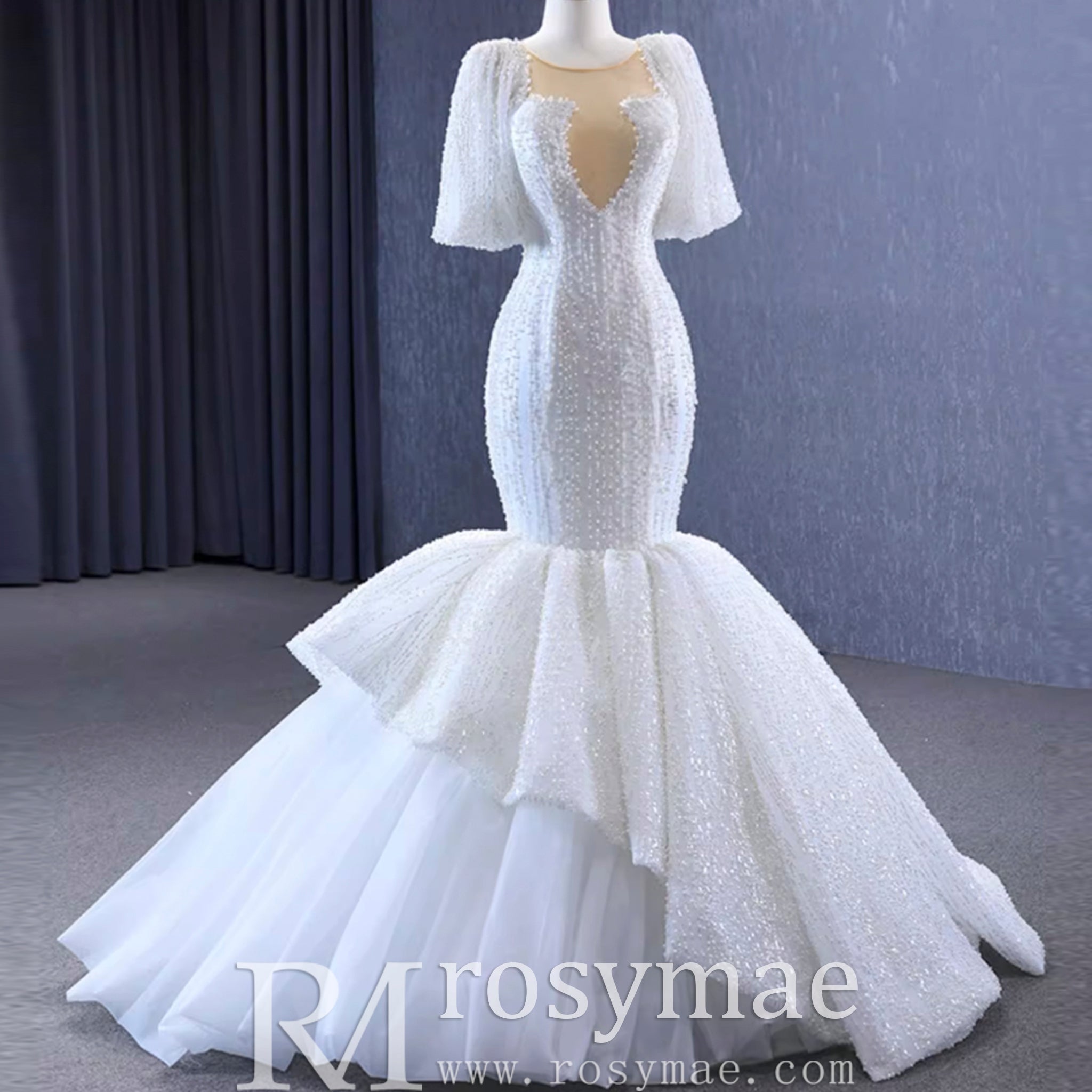 Mermaid Pearl Wedding Dress Puffed Half Sleeve Bridal Dress - Rosymae