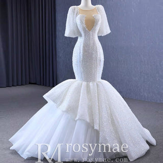 Mermaid Pearl Wedding Dress Puffed Half Sleeve Bridal Dress - Rosymae