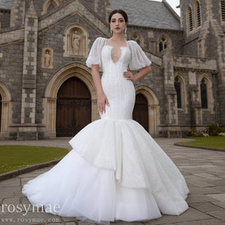 Mermaid Pearl Wedding Dress Puffed Half Sleeve Bridal Dress - Rosymae
