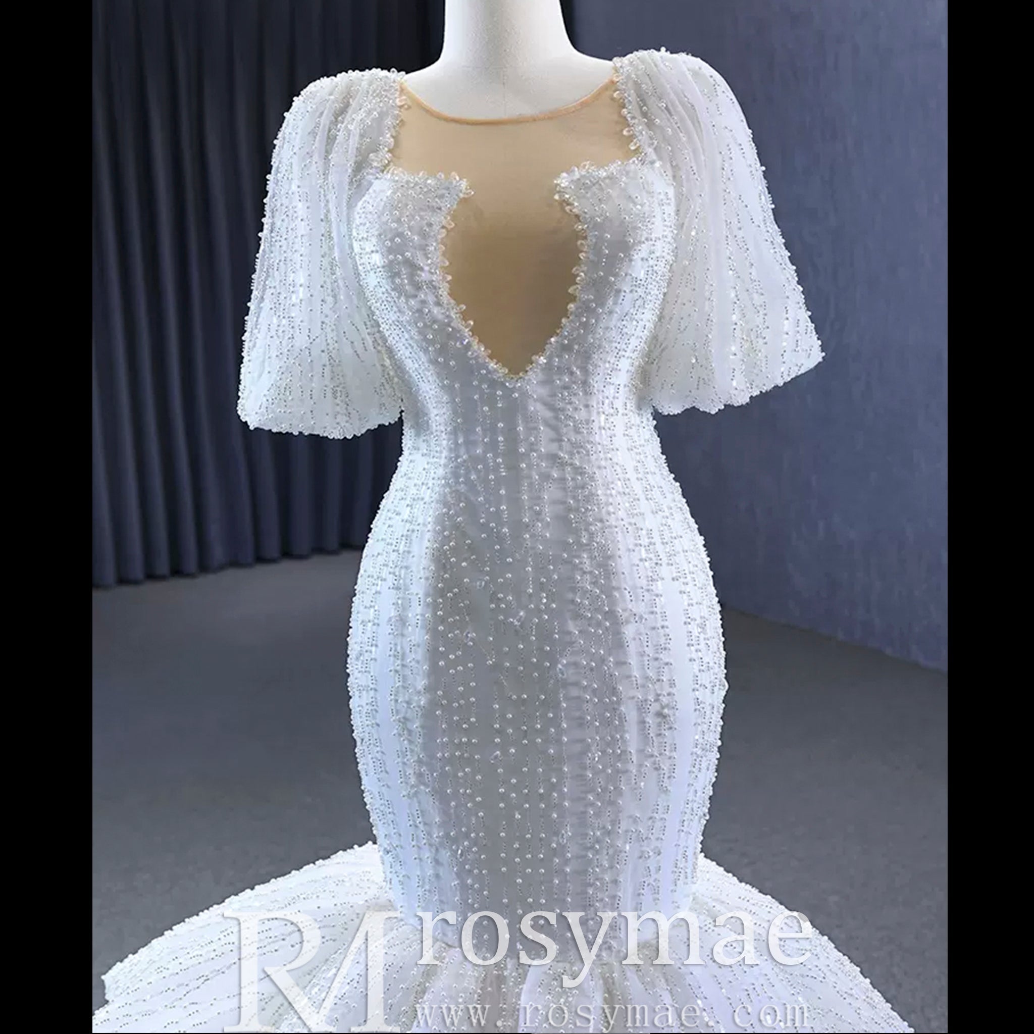 Mermaid Pearl Wedding Dress Puffed Half Sleeve Bridal Dress - Rosymae