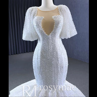 Mermaid Pearl Wedding Dress Puffed Half Sleeve Bridal Dress - Rosymae
