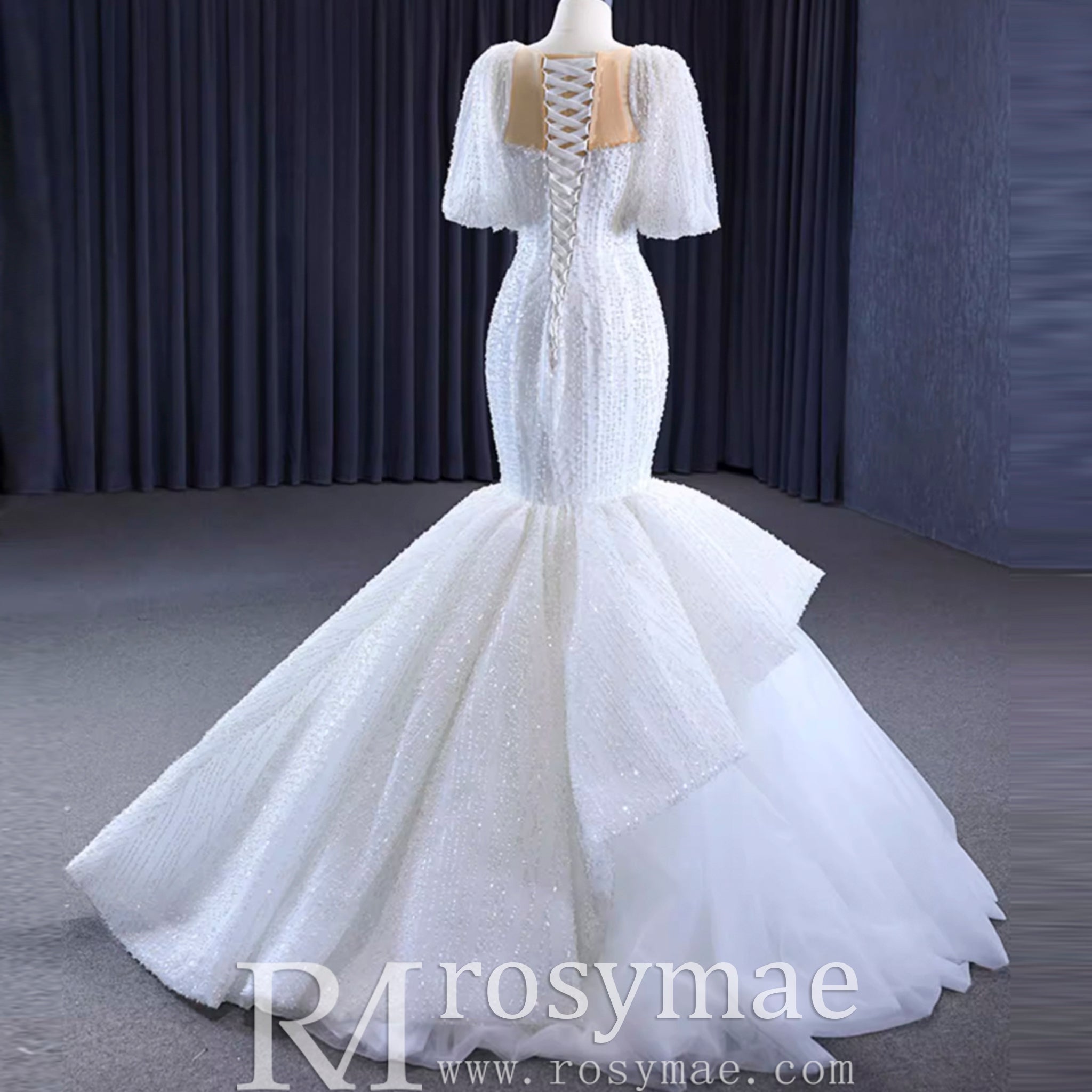 Mermaid Pearl Wedding Dress Puffed Half Sleeve Bridal Dress - Rosymae
