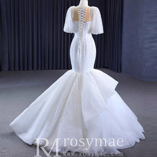 Mermaid Pearl Wedding Dress Puffed Half Sleeve Bridal Dress - Rosymae