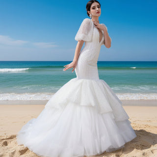 Mermaid Pearl Wedding Dress Puffed Half Sleeve Bridal Dress - Rosymae