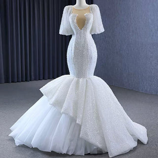 Mermaid Pearl Wedding Dress Puffed Half Sleeve Bridal Dress - Rosymae