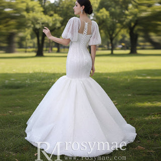 Mermaid Pearl Wedding Dress Puffed Half Sleeve Bridal Dress - Rosymae
