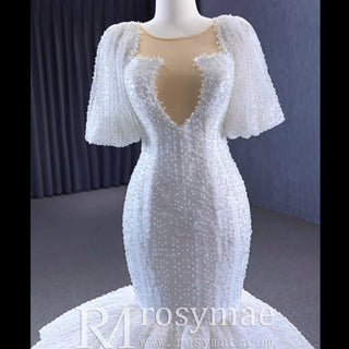Mermaid Pearl Wedding Dress Puffed Half Sleeve Bridal Dress - Rosymae