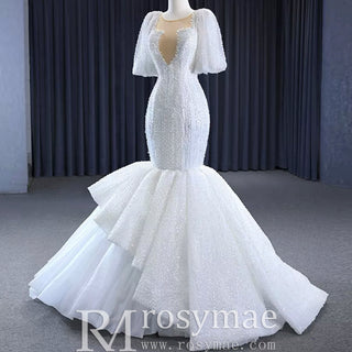 Mermaid Pearl Wedding Dress Puffed Half Sleeve Bridal Dress - Rosymae