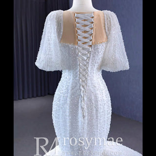 Mermaid Pearl Wedding Dress Puffed Half Sleeve Bridal Dress - Rosymae