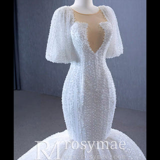 Mermaid Pearl Wedding Dress Puffed Half Sleeve Bridal Dress - Rosymae