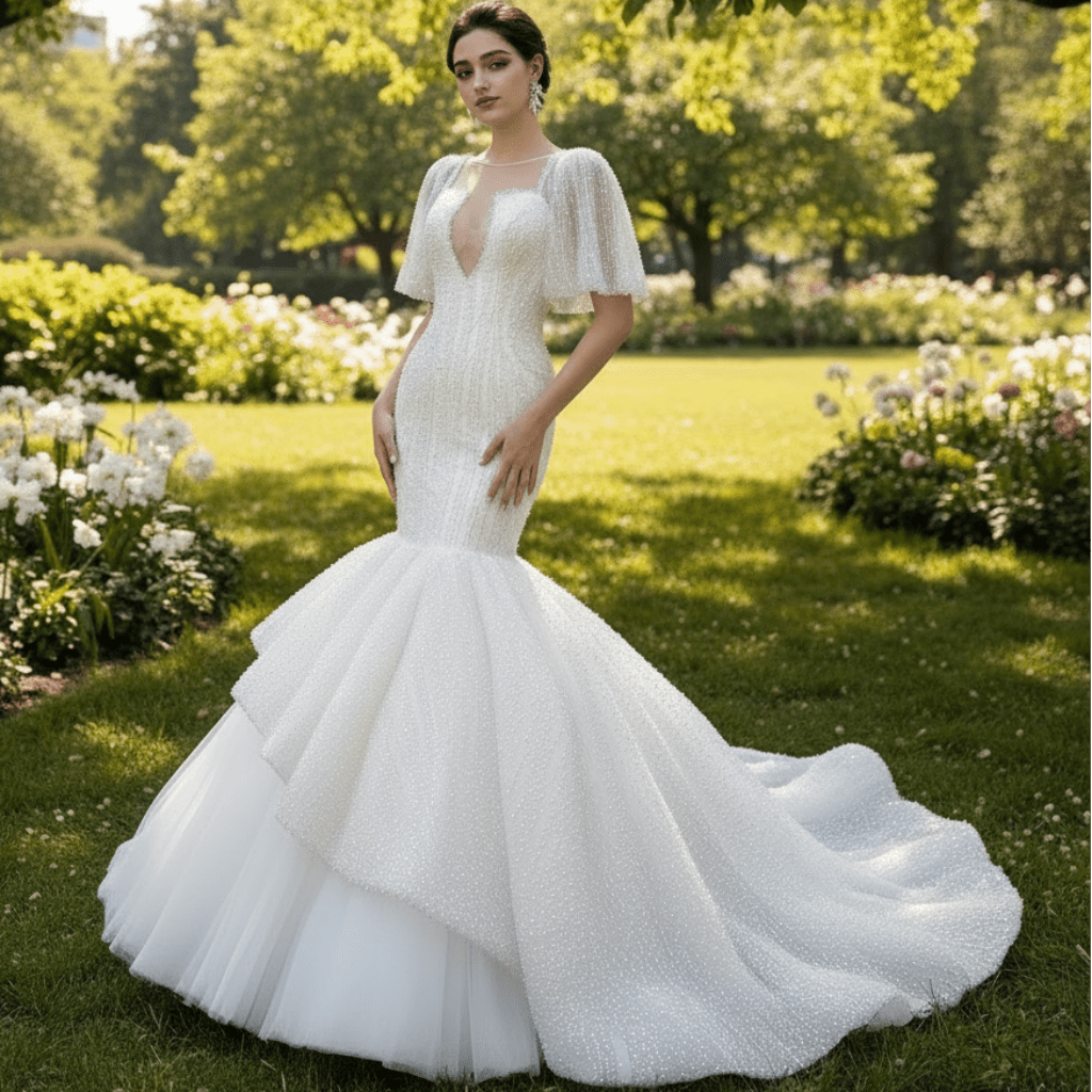 Mermaid Pearl Wedding Dress Puffed Half Sleeve Bridal Dress - Rosymae