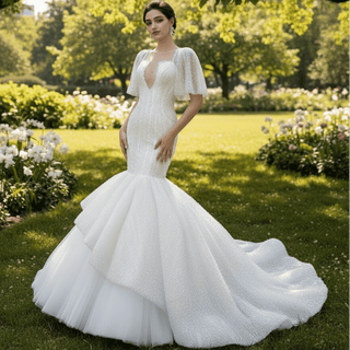 half sleeve mermaid wedding dress Mermaid Bridal Gowns Gold Appliques Half Sleeve Cape