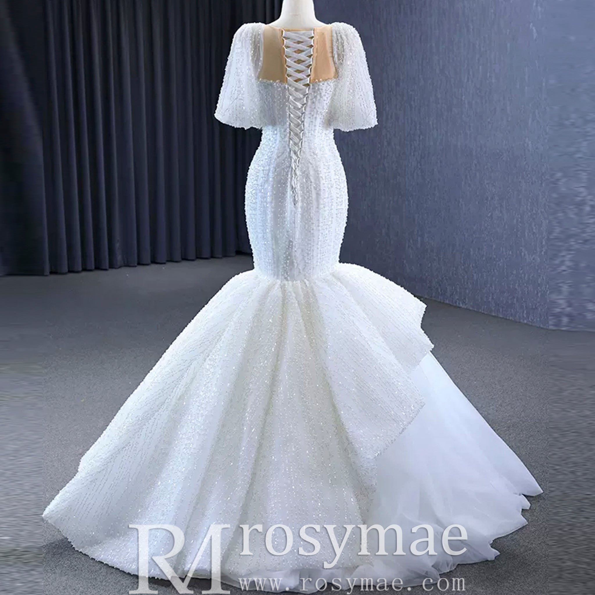 Mermaid Pearl Wedding Dress Puffed Half Sleeve Bridal Dress - Rosymae