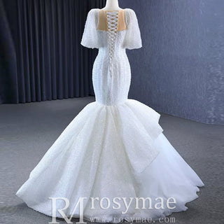 Mermaid Pearl Wedding Dress Puffed Half Sleeve Bridal Dress - Rosymae