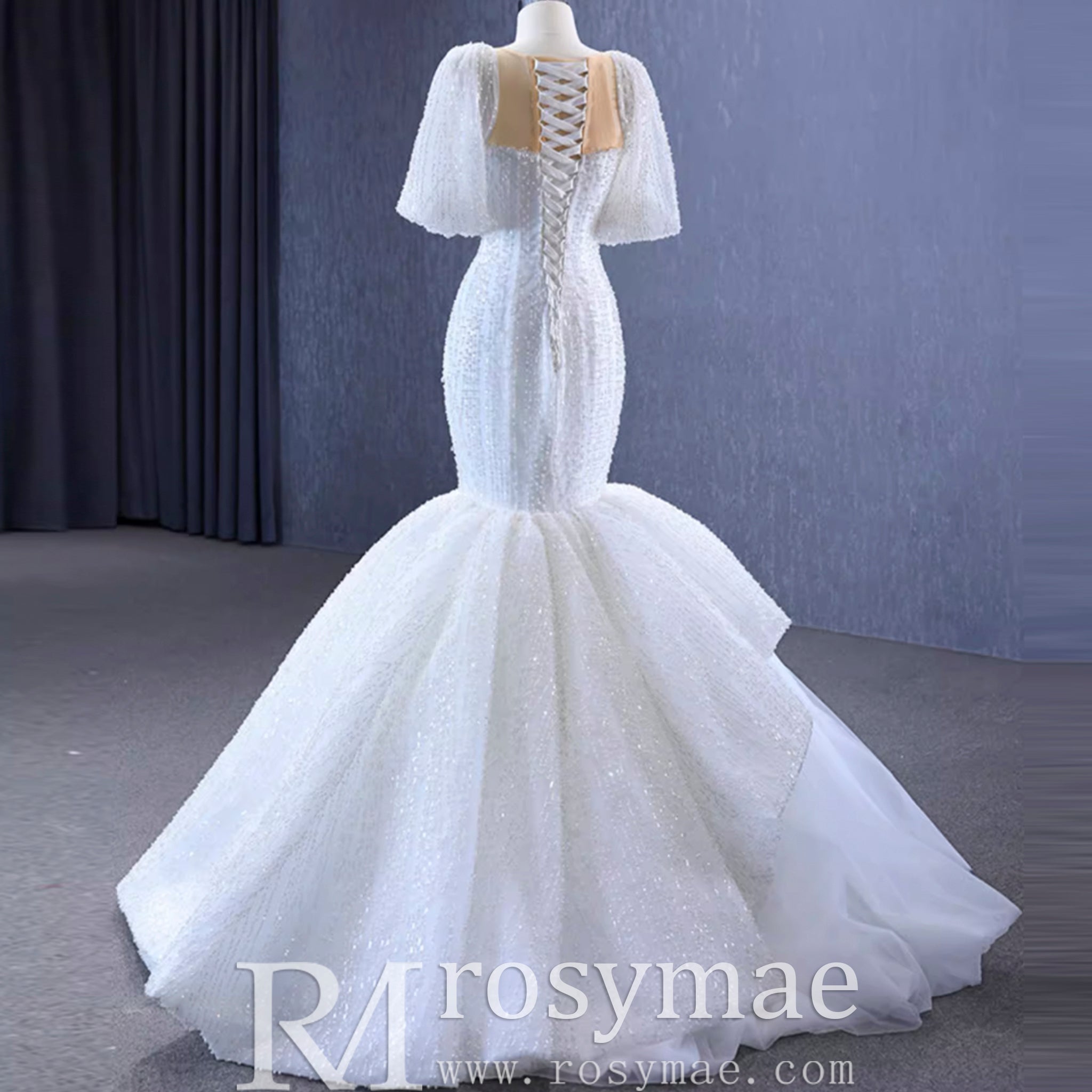 Mermaid Pearl Wedding Dress Puffed Half Sleeve Bridal Dress - Rosymae