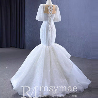 Mermaid Pearl Wedding Dress Puffed Half Sleeve Bridal Dress - Rosymae