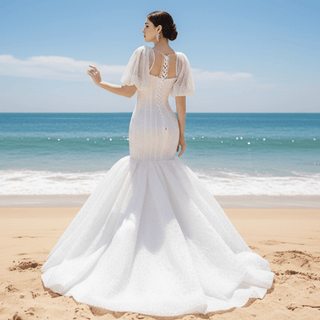 Mermaid Pearl Wedding Dress Puffed Half Sleeve Bridal Dress - Rosymae