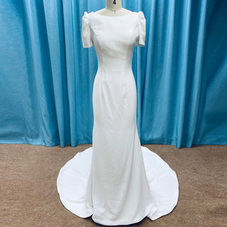 Simple Mermaid Satin Wedding Dress with Short Sleeves for Bride