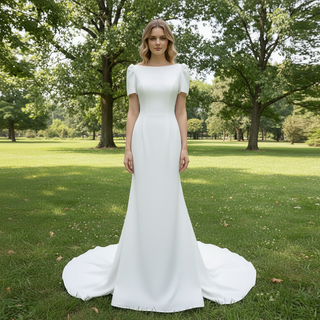 Simple Mermaid Satin Wedding Dress with Short Sleeves for Bride