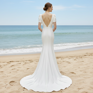 Simple Mermaid Satin Wedding Dress with Short Sleeves for Bride
