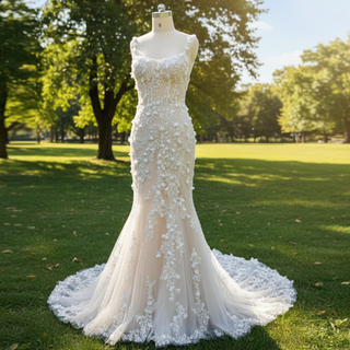 Vestido de novia de flores de encaje de princesa con vuelo y tirantes finos