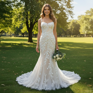 Vestido de novia de flores de encaje de princesa con vuelo y tirantes finos