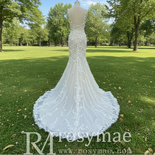 Fit Flare Princess Lace Flowers Wedding Dress with Spaghetti Strap