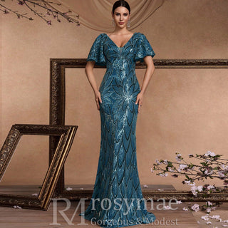 Mermaid Prom Dress Formal Gown Floor Length Short Sleeve V Neck V Back with Sequin - Rosymae