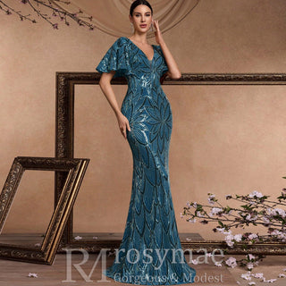 Mermaid Prom Dress Formal Gown Floor Length Short Sleeve V Neck V Back with Sequin - Rosymae
