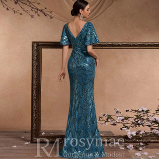 Mermaid Prom Dress Formal Gown Floor Length Short Sleeve V Neck V Back with Sequin - Rosymae