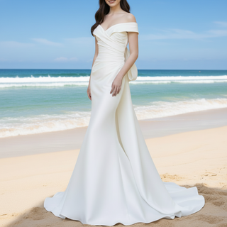 Trumpet Mermaid Satin Wedding Dresses with Long Bowknot