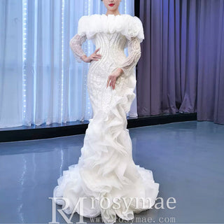 Mermaid Ruffle Wedding Dress with Off the Shoulder Long Sleeves - Rosymae