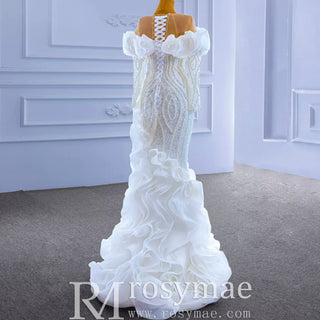Mermaid Ruffle Wedding Dress with Off the Shoulder Long Sleeves - Rosymae