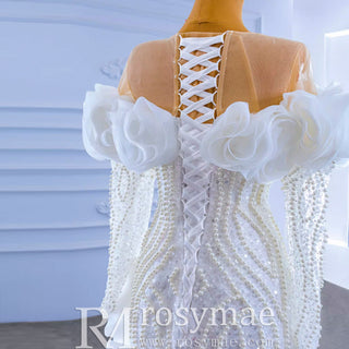 Mermaid Ruffle Wedding Dress with Off the Shoulder Long Sleeves - Rosymae